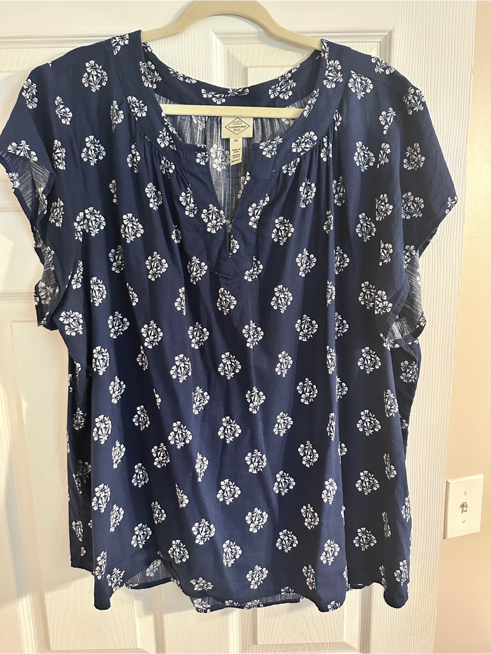 St. John's Bay Navy and White Floral Split V-Neck Tunic